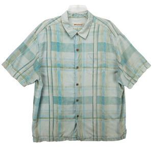 Tommy Bahama 100% Silk Shirt Men's XL Plaid Blue Green Short Sleeve Button Up